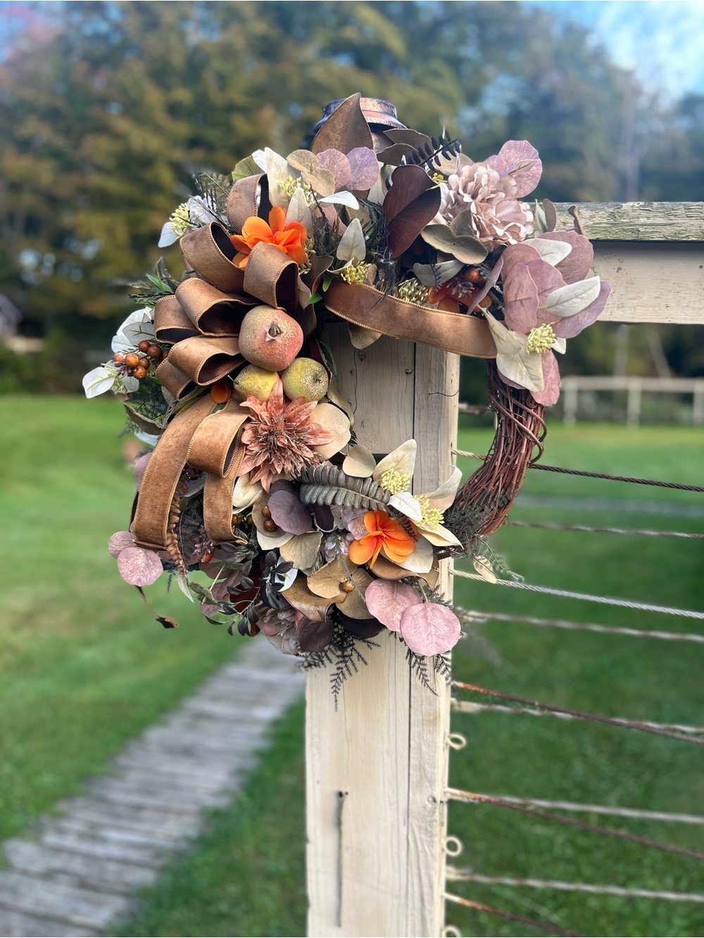 Handcrafted Autumn Harvest Floral Wreath with Copper Ribbon